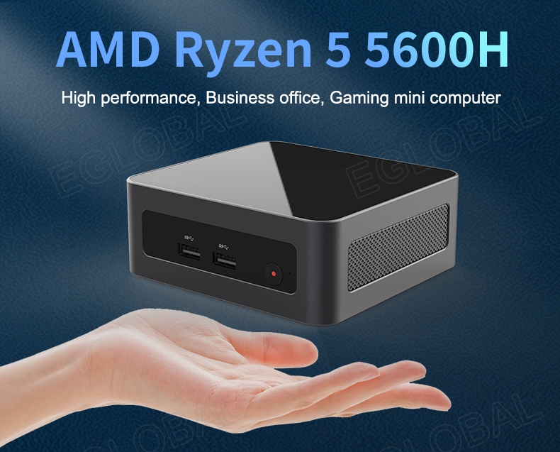 Eglobal AMD Ryzen 5 5600H Mini Gaming PC support Max 64G DDR4 3200MHz 2*HDMI2.0 Display Computer