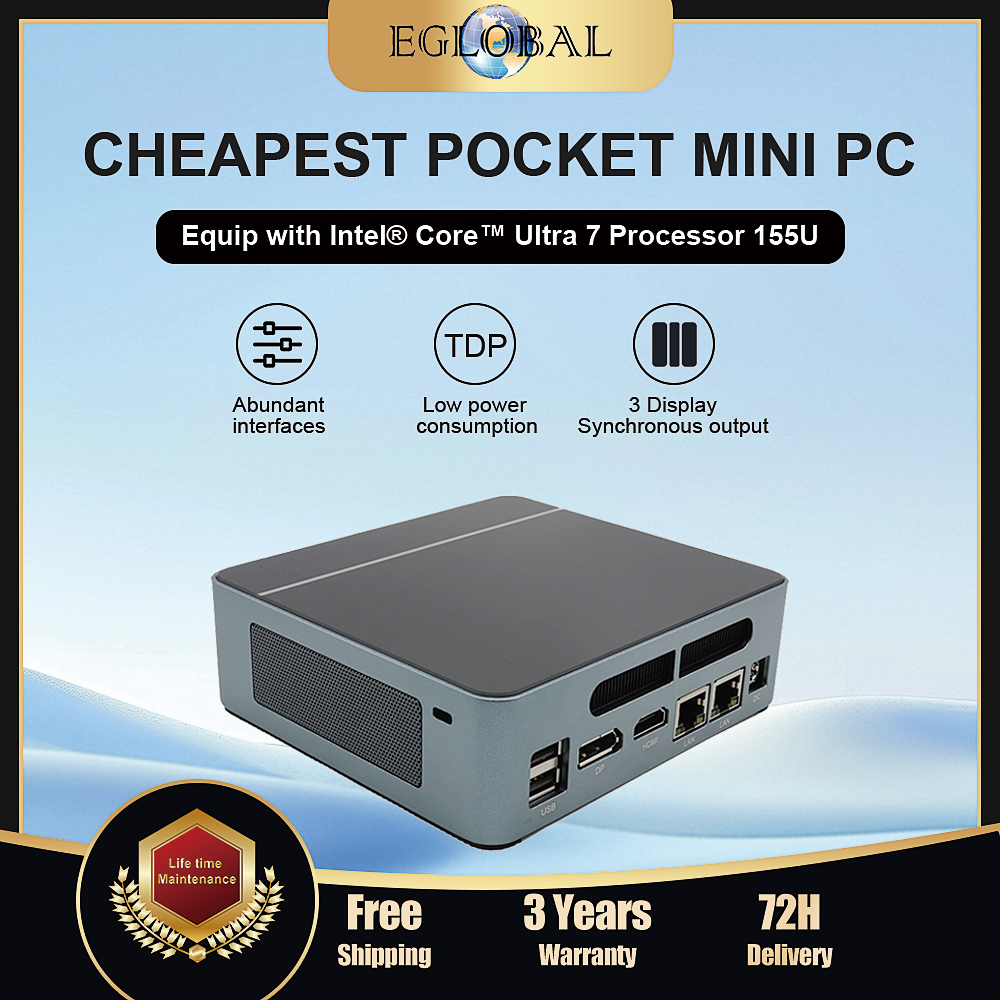 Eglobal Windows 11 Pro Desktop Mini Gaming Computer Intel Ultra 7 155U 2*D5 NVMe Wifi 2*Lan PC Gamer